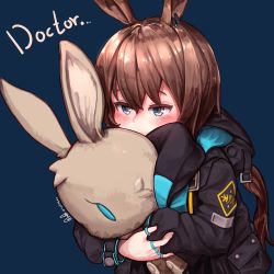Rule 34 | 1girl, absurdres, amiya (arknights), animal ears, ansan ey, arknights, black coat, blue eyes, blush, brown hair, coat, covered mouth, hugging doll, english text, highres, hood, hood down, hooded coat, jewelry, korean commentary, long hair, long sleeves, low ponytail, multiple rings, hugging object, rabbit ears, ring, signature, solo, stuffed animal, stuffed rabbit, stuffed toy, upper body