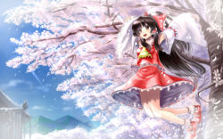 Rule 34 | 1girl, aldehyde, arms up, bad id, bad pixiv id, black eyes, black hair, blue sky, blush, bow, cherry blossoms, day, detached sleeves, female focus, hair bow, hakurei reimu, highres, jumping, midriff, open mouth, ponytail, red skirt, skirt, sky, smile, solo, touhou, tree, upskirt