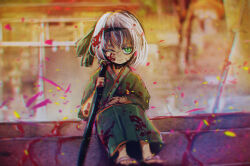Rule 34 | 1girl, aged down, alternate costume, blood, blood drip, blood on clothes, blood on face, blurry, blurry background, closed mouth, commentary request, denpa rasaito, expressionless, full body, green eyes, green kimono, hair between eyes, highres, holding, holding sword, holding weapon, japanese clothes, katana, kimono, konpaku youmu, looking at viewer, medium bangs, one eye closed, sandals, short hair, short sleeves, sitting, sitting on stairs, solo, stairs, sword, torii, touhou, weapon, white hair