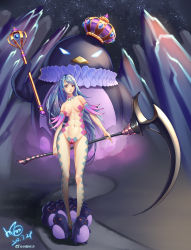 Rule 34 | 1girl, abs, absurdres, artist name, bad id, bad pixiv id, bare shoulders, bird, blue eyes, blue hair, blush, breasts, cameltoe, closed mouth, collarbone, cosplay, covered erect nipples, crown, dated, dungeon travelers 2, female focus, full body, glowing, glowing eyes, highres, holding, holding scythe, holding weapon, light blush, lips, lizerietta marsh, lizerietta marsh (cosplay), long hair, maebari, medium breasts, navel, neck ruff, night, night sky, orange eyes, original, outdoors, penguin, red eyes, revealing clothes, scythe, shiny skin, signature, sky, staff, standing, star (sky), starry sky, swept bangs, two-handed, very long hair, watermark, weapon, weibo watermark, xiaoxi0619