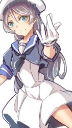 Rule 34 | 1girl, black neckerchief, blue jacket, blue sailor collar, dress, green eyes, grey hair, hair between eyes, hat, highres, jacket, javelin (kancolle), kantai collection, long hair, neckerchief, one-hour drawing challenge, parted bangs, sailor collar, sailor dress, sailor hat, simple background, solo, tonke, white background, white dress, white hat