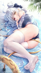 Rule 34 | 1girl, ahoge, ass, azur lane, blue one-piece swimsuit, blush, cameltoe, cleft of venus, closed mouth, double bun, finger to mouth, foreshortening, hair bun, hair ribbon, heterochromia, highres, hose, innertube, jacket, looking at viewer, lying, manman manyou haiyang de paomo, medium hair, nicholas (azur lane), nicholas (summer cleaning &quot;volunteer&quot;) (azur lane), no shoes, off shoulder, official alternate costume, on side, one-piece swimsuit, red eyes, ribbon, school swimsuit, scrunchie, see-through, soles, solo, swim ring, swimsuit, thighhighs, thighs, water, white hair, white jacket, white thighhighs, yellow eyes