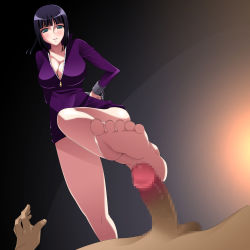 Rule 34 | 1girl, ariyon, arms behind back, barefoot, bdsm, black hair, blush, bondage, bound, bound arms, bound wrists, breasts, censored, cleavage, cuffs, feet, footjob, from below, green eyes, highres, nico robin, one piece, penis, shackled, shackles, solo, toes