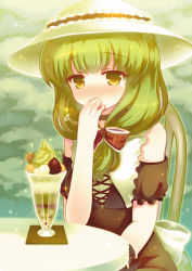 Rule 34 | 1girl, 23, 23 (candy chapus), adapted costume, bare shoulders, blush, bow, chair, covering own mouth, dress, food, front ponytail, green eyes, green hair, hair bow, hair ribbon, hand over own mouth, hat, ice cream, kagiyama hina, light particles, long hair, looking at viewer, matching hair/eyes, off shoulder, parfait, pov, pov across table, puffy short sleeves, puffy sleeves, red dress, ribbon, short sleeves, sitting, solo, sun hat, table, touhou