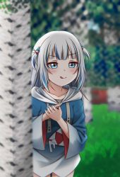 Rule 34 | 1girl, :q, animal hood, blue eyes, blue hair, blue nails, blush, commentary, english commentary, gawr gura, hair ornament, highres, hololive, hololive english, hood, hood down, jan azure, meme, minecraft, multicolored hair, nail polish, own hands together, photo-referenced, shark hair ornament, shark hood, silver hair, streaked hair, tongue, tongue out, virtual youtuber