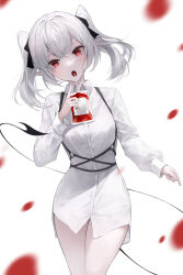 Rule 34 | 1girl, absurdres, black ribbon, blood, collared shirt, commentary, crystalherb, hair ribbon, highres, long sleeves, looking at viewer, open mouth, original, pale skin, pointy ears, red eyes, ribbon, shirt, short hair, simple background, solo, standing, symbol-only commentary, tail, thighs, twintails, white background, white shirt