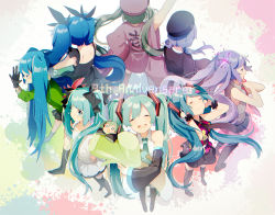 Rule 34 | 6+girls, ahoge, aqua eyes, aqua hair, arm up, bare shoulders, beret, black dress, black gloves, black legwear, blood, blood from mouth, blue hair, bow, chibi, chromatic aberration, circle formation, covering own ears, detached sleeves, dress, closed eyes, ghost rule (vocaloid), gloves, green jacket, hachune miku, hair bow, hair ribbon, hand on own hip, hat, hatsune miku, highres, jacket, japanese clothes, long hair, low twintails, matryoshka (vocaloid), multiple girls, multiple persona, necktie, open mouth, paint splatter, ren&#039;ai saiban (vocaloid), ribbon, senbon-zakura (vocaloid), shinkai shoujo (vocaloid), smile, song request, songover, spring onion, standing, tell your world (vocaloid), thighhighs, twintails, uiyuzu (uichoco), very long hair, vocaloid, white dress, wide sleeves, world is mine (vocaloid), wrist cuffs, zettai ryouiki