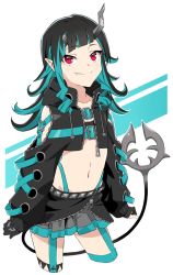Rule 34 | 1girl, nanashi inc., akitetsu, belt, belt bra, black gloves, black hair, black jacket, black skirt, black thighhighs, blue belt, blue hair, chest belt, closed mouth, clothing cutout, commentary request, cowboy shot, cropped jacket, cropped legs, cross-laced clothes, cross-laced sleeves, demon girl, demon horns, demon tail, fang, fang out, flat chest, garter straps, gloves, grey skirt, highres, horns, jacket, layered skirt, long hair, long sleeves, looking at viewer, midriff, multicolored hair, navel, open clothes, open jacket, partially fingerless gloves, pointy ears, red eyes, shishio chris, shoulder cutout, single thighhigh, skirt, smile, solo, sugar lyric, tail, thighhighs, two-tone hair, virtual youtuber, white background, zipper skirt