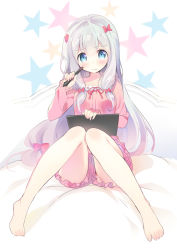 Rule 34 | 10s, 1girl, barefoot, blue eyes, bow, drawing tablet, eromanga sensei, frills, hair bow, highres, holding, izumi sagiri, knees together feet apart, long hair, long sleeves, looking at viewer, no panties, on bed, pajamas, pink bow, sitting, solo, star (symbol), starry background, stylus, tareme, thighs, white hair, youta