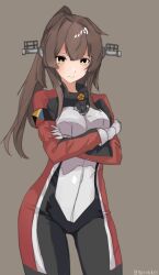 Rule 34 | 1girl, alternate costume, biker clothes, bikesuit, bodysuit, brown eyes, brown hair, commentary request, cowboy shot, crossed arms, grey background, headgear, highres, kantai collection, long hair, miron (mirona33), multicolored bikesuit, multicolored bodysuit, multicolored clothes, ponytail, solo, standing, yamato (kancolle)