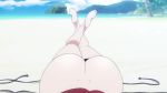 Rule 34 | 1girl, animated, ass, barefoot, beach, bikini, breast press, breasts, breasts out, butt crack, cleavage, dimples of venus, green eyes, hanging breasts, large breasts, looking at viewer, lying, mikado ryouko, ocean, on stomach, red hair, short hair, smile, solo, swimsuit, to love-ru, untied bikini, video, water