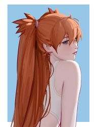 Rule 34 | 1girl, bare shoulders, blue background, blue eyes, closed mouth, commentary, crop top, english commentary, from behind, lips, looking back, midriff, neon genesis evangelion, neozumi, orange hair, solo, souryuu asuka langley, tank top, two side up, upper body