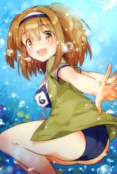 Rule 34 | 1girl, ass, blush, breasts, brown eyes, bubble, fish, hair between eyes, hairband, i-26 (kancolle), ichihaya, jacket, kantai collection, light brown hair, long hair, looking at viewer, name tag, one-piece swimsuit, open mouth, school swimsuit, short sleeves, solo, sunlight, swimsuit, swimsuit under clothes, two-tone hairband, two side up, underwater, water