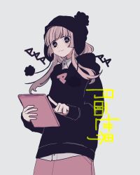 Rule 34 | 1girl, beanie, black eyes, black hoodie, blunt bangs, blush stickers, closed mouth, collared shirt, cowboy shot, grey background, hat, highres, holding, holding tablet pc, hood, hoodie, long hair, long sleeves, looking at viewer, maco22, original, pink hair, pink skirt, pom pom (clothes), shirt, simple background, skirt, smile, solo, tablet pc, white background, white shirt