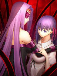 Rule 34 | 2girls, blindfold, breasts, collar, dress, elbow gloves, facial mark, fate/stay night, fate (series), forehead mark, gloves, hair ribbon, highres, impossible clothes, large breasts, long hair, looking at viewer, matou sakura, medusa (fate), medusa (rider) (fate), minami koyogi, multiple girls, official alternate costume, purple eyes, purple hair, red ribbon, ribbon, strapless, strapless dress, upper body, very long hair