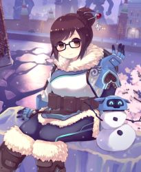 Rule 34 | 1girl, arm at side, bad id, bad twitter id, beads, belt, belt pouch, black-framed eyewear, blue gloves, blue legwear, boots, brown eyes, brown footwear, brown hair, canister, canteen, closed mouth, coat, drone, eyebrows, fur-trimmed boots, fur-trimmed jacket, fur boots, fur coat, fur trim, glasses, gloves, hair bun, hair ornament, hair stick, hand up, harness, ice, jacket, knee boots, legs together, looking at viewer, machinery, mei (overwatch), nekomo, overwatch, overwatch 1, parka, pouch, robot, short hair, sidelocks, single hair bun, sitting, smile, snow, snowball (overwatch), snowflake hair ornament, snowman, solo, strap, tree, utility belt, weapon, winter clothes, winter coat