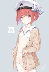 Rule 34 | 10s, 1girl, 2016, bad id, bad pixiv id, bikini, blue background, blunt bangs, bob cut, bow, breasts, brown eyes, brown hair, capriccio, cardigan, character name, clothes writing, collarbone, cowboy shot, dated, hat, hat bow, heart, hibanar, kantai collection, long sleeves, looking at viewer, open cardigan, open clothes, red eyes, sailor bikini, sailor collar, sailor hat, short hair, side-tie bikini bottom, signature, simple background, sleeves past wrists, small breasts, solo, striped, striped bow, swimsuit, white bikini, white hat, z3 max schultz (kancolle)