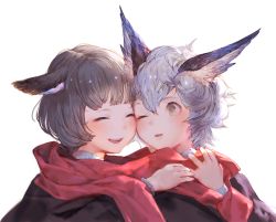 Rule 34 | 2girls, animal ears, blush, cat ears, cheek-to-cheek, closed eyes, green eyes, grey hair, heads together, looking at another, multiple girls, one eye closed, open mouth, original, red scarf, scarf, shared clothes, shared scarf, short hair, smile, upper body, wadanaka