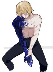Rule 34 | 1boy, black pants, blonde hair, bucumberr, closed eyes, closed mouth, commentary, corruption, dainsleif (genshin impact), genshin impact, highres, medium hair, pants, scar, scar on arm, scar on chest, simple background, sitting, solo, topless male, white background