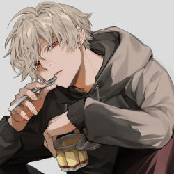 Rule 34 | 1boy, black shirt, earrings, food, grey background, half-closed eyes, highres, holding, holding food, holding spoon, hood, hood down, hooded shirt, jewelry, looking at viewer, male focus, original, parted lips, pudding, red eyes, shirt, short hair, simple background, solo, spoon, uminonew, upper body, white hair
