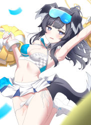 Rule 34 | 1girl, absurdres, animal ears, arm up, armpits, black hair, blue archive, blue eyes, blush, breasts, cameltoe, cheerleader, cleavage, cowboy shot, crop top, dog ears, dog girl, dog tail, eyewear on head, goggles, goggles on head, groin, halo, hibiki (blue archive), hibiki (cheer squad) (blue archive), highres, holding, holding pom poms, leg up, long hair, looking at viewer, midriff, millennium cheerleader outfit (blue archive), miniskirt, navel, open mouth, otakummm, panties, pleated skirt, pom pom (cheerleading), pom poms, ponytail, side-tie panties, simple background, skirt, small breasts, solo, standing, sunglasses, tail, underwear, untied panties, wardrobe malfunction, white background, white footwear, white panties, white skirt