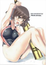 Rule 34 | 10s, 1girl, :d, akiyama yukari, ammunition, barefoot, blush, brown eyes, brown hair, character name, collarbone, competition swimsuit, english text, girls und panzer, highres, looking at viewer, matching hair/eyes, nenchi, one-piece swimsuit, open mouth, scan, shadow, shell (projectile), short hair, sitting, smile, solo, swimsuit, wet