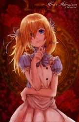 Rule 34 | 1girl, alice (alice in wonderland), alice in wonderland, apron, arikanrobo, bad id, bad pixiv id, blonde hair, blue bow, blue bowtie, blue eyes, blue ribbon, bow, bowtie, copyright name, cowboy shot, flower, hair over one eye, hair ribbon, looking at viewer, maid apron, parted lips, puffy short sleeves, puffy sleeves, red flower, red rose, ribbon, rose, short sleeves, solo, twintails