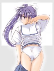 Rule 34 | 00s, 1girl, :o, ass, blue eyes, blue hair, blue theme, cameltoe, clothes pull, embarrassed, female focus, from behind, hair ribbon, itou noemi, long hair, looking back, matching hair/eyes, non-web source, open mouth, panties, pleated skirt, ponytail, profile, ribbon, school uniform, side ponytail, skirt, skirt pull, solo, standing, surprised, thigh gap, thighs, underwear, undressing, very long hair, white panties, window, with you