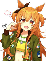 Rule 34 | 1girl, :d, absurdres, amaxa, animal ears, black ribbon, bow, collarbone, commentary request, crop top, ear ribbon, green jacket, hand up, heart, highres, horse ears, jacket, long hair, long sleeves, looking at viewer, mayano top gun (umamusume), midriff, navel, open clothes, open jacket, open mouth, orange eyes, orange hair, pointing, pointing at self, ribbon, shirt, simple background, smile, solo, stomach, two side up, umamusume, upper body, very long hair, white background, yellow shirt