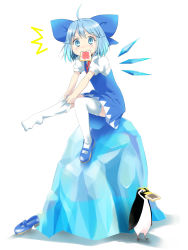 Rule 34 | 1girl, ^^^, ahoge, bird, blue dress, blue eyes, blue hair, blue skirt, bow, bread slice, cirno, dress, dressing, food, food in mouth, hair bow, highres, ice, ice block, ice wings, looking at viewer, matching hair/eyes, mouth hold, penguin, puffy sleeves, shirt, shoes, short hair, short sleeves, simple background, single shoe, sitting, sitting on object, skirt, solo, surprised, thighhighs, toast, toast in mouth, touhou, undressing, uta (kuroneko), white background, white thighhighs, wings, zettai ryouiki