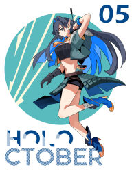 Rule 34 | 1girl, arrow (projectile), blue eyes, blue hair, boots, earrings, fongban illust, fur trim, gloves, hair intakes, high heel boots, high heels, highres, hololive, hololive english, jewelry, long hair, midriff, multicolored hair, ouro kronii, pointy ears, solo, virtual youtuber
