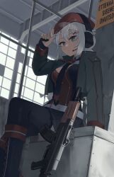 Rule 34 | 1girl, absurdres, assault rifle, belt, beret, between breasts, black footwear, black necktie, black skirt, black thighhighs, blue eyes, boots, breasts, cropped jacket, ear protection, expressionless, girls&#039; frontline, gun, hair ornament, hairpin, hat, highres, hinami047, industrial, jacket, kalashnikov rifle, looking at viewer, necktie, necktie between breasts, open clothes, open jacket, ots-12 (girls&#039; frontline), ots-12 tiss, red hat, rifle, safety glasses, sitting, skirt, solo, star-shaped pupils, star (symbol), star hair ornament, symbol-shaped pupils, thighhighs, weapon, white hair