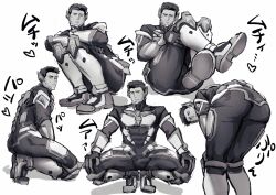 Rule 34 | 1boy, ao isami, ass, bara, black hair, bodysuit, covered penis, facial hair, foreshortening, fundoshi, greyscale, highres, japanese clothes, jup84973, large pectorals, legs together, looking at viewer, male focus, monochrome, multiple views, muscular, muscular male, pectorals, short hair, shy, sideburns stubble, spread legs, squatting, stubble, thick eyebrows, thick thighs, thighs, translation request, tsurime, yuuki bakuhatsu bang bravern