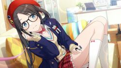 Rule 34 | 1girl, badge, black-framed eyewear, blazer, blue eyes, blue jacket, blush, bow, bowtie, breasts, brown hair, button badge, cleavage, collarbone, collared shirt, commentary, couch, desk, digital media player, earphones, feet out of frame, game cg, glasses, head tilt, idolmaster, idolmaster shiny colors, indoors, jacket, lens flare, light particles, long hair, looking at viewer, mitsumine yuika, official art, on couch, open collar, parted bangs, pillow, plaid, plaid skirt, red bow, red bowtie, red skirt, shared earphones, shirt, sitting, skirt, small breasts, smile, socks, solo, sparkle, sweater, thighs, twintails, white socks, yellow sweater