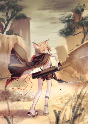 Rule 34 | 1girl, absurdres, animal ears, ankleband, arknights, arrow (projectile), black cape, black shorts, blouse, bow (weapon), cape, fox ears, fox girl, from behind, full body, grey sky, hair ornament, hairclip, highres, holding, holding bow (weapon), holding weapon, infection monitor (arknights), looking at viewer, looking back, natsuba002, no tail, notched ear, orange eyes, orange hair, outdoors, quiver, shirt, shorts, sky, solo, tree, vermeil (arknights), weapon, white footwear, white shirt
