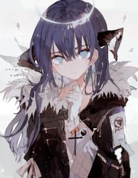 Rule 34 | 1girl, arknights, artist name, black jacket, blue eyes, blue hair, bow, coat, cross, cross necklace, english text, fur-trimmed jacket, fur trim, glint, gloves, hair between eyes, halo, hand up, holding, holding jewelry, holding necklace, horns, jacket, jewelry, long hair, long sleeves, mostima (arknights), necklace, qtonagi, signature, smile, solo, upper body, white bow, white gloves