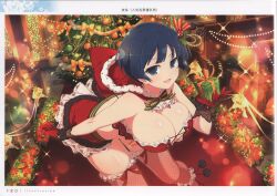 Rule 34 | 1girl, absurdres, bare shoulders, box, breasts, christmas ornaments, cleavage, gift, gift box, gloves, highres, holding, hood, hood down, large breasts, looking at viewer, midriff, official art, open mouth, page number, ribbon, santa costume, scan, senran kagura, senran kagura new link, shiny skin, short hair, simple background, skirt, smile, solo, thighhighs, thighs, yaegashi nan