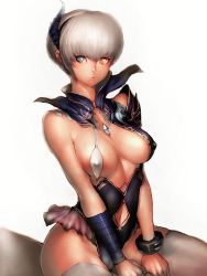 Rule 34 | 1girl, armband, breasts, covered erect nipples, fumio (rsqkr), gem, heterochromia, kagero deception, kagerou: darkside princess, laegrinna, large breasts, leotard, lips, short hair, silver hair, sitting, solo, tecmo, thighhighs