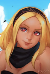 Rule 34 | 1girl, artist name, bare shoulders, blonde hair, blue sky, close-up, cloud, day, gravity daze, hairband, highres, kitten (gravity daze), koyorin, leotard, lips, long hair, looking at viewer, motion blur, portrait, red eyes, scarf, sky, smile, solo, strapless, wind