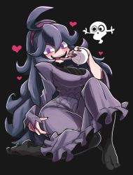 Rule 34 | 1girl, @ @, ahoge, alternate breast size, bags under eyes, black background, blush, breasts, creatures (company), dress, game freak, gashi-gashi, ghost, hairband, heart, hex maniac (pokemon), large breasts, long hair, looking at viewer, messy hair, nail polish, nintendo, no shoes, npc trainer, open mouth, pantyhose, poke ball, pokemon, pokemon xy, purple eyes, purple hair, simple background, smile, solo, sweat, sweater