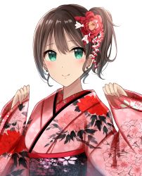 Rule 34 | 10s, 1girl, absurdres, alternate costume, alternate hairstyle, aqua eyes, bad id, bad twitter id, black hair, closed mouth, commentary request, earrings, eyebrows, flower, hair flower, hair ornament, highres, idolmaster, idolmaster cinderella girls, japanese clothes, jewelry, kimono, light smile, long hair, looking at viewer, mizukoshi (marumi), ponytail, shibuya rin, simple background, solo, upper body, white background