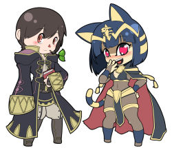 Rule 34 | 1boy, 1girl, animal crossing, animal ears, ankha (animal crossing), book, cape, cat ears, cat tail, choker, collar, company connection, cosplay, crossover, fire emblem, fire emblem awakening, hair ornament, hood, hooded jacket, jacket, long coat, long sleeves, nintendo, robin (fire emblem), tail, tharja (fire emblem), villager (animal crossing)