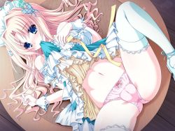 Rule 34 | 1girl, blonde hair, blue eyes, blush, cameltoe, clenched hand, game cg, headdress, kotomiya chinatsu, long hair, loverable, lying, mouth hold, navel, official art, on back, panties, pink panties, solo, thighhighs, underwear, white thighhighs, wrist cuffs