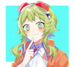 Rule 34 | 1girl, :3, amulet, blush, commentary, finger to own chin, flower in eye, goggles, goggles on head, green eyes, green hair, gumi, highres, index finger raised, jacket, kaname monika, looking at viewer, neckerchief, orange jacket, red goggles, shirt, short hair, short hair with long locks, smile, symbol in eye, upper body, vocaloid, white shirt