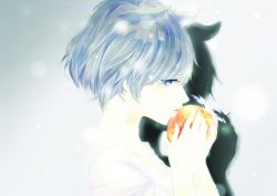 Rule 34 | 1girl, absurdres, blue eyes, blue hair, food, from side, fruit, highres, john-n, light, light particles, lips, looking at viewer, matching hair/eyes, original, shadow, short hair, solo, upper body