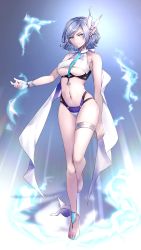 Rule 34 | 1girl, absurdres, akashic chronicle, bare arms, bare shoulders, barefoot, bikini, blue bikini, blue eyes, blue hair, breasts, full body, hane yuki, highres, large breasts, looking at viewer, navel, original, shadow, short hair, solo, standing, swimsuit, thigh strap, thighs, underboob
