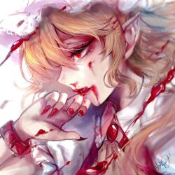 Rule 34 | 1girl, ascot, blonde hair, blood, blood on clothes, blood on face, blood on hands, blood splatter, claws, crystal, expressionless, eyelashes, eyeliner, fingernails, flandre scarlet, frilled hat, frills, from side, hat, highres, jewelry, kyogoku-uru, licking, licking blood, licking lips, looking to the side, makeup, messy hair, mob cap, nail polish, pointy ears, red eyes, red nails, red skirt, red vest, sharp fingernails, short hair, sidelocks, skirt, solo, tongue, tongue out, touhou, vest, white hat, yellow ascot