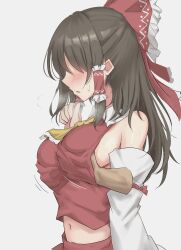 Rule 34 | 1girl, absurdres, ascot, bare shoulders, blush, bow, breasts, brown hair, collared vest, commentary request, detached sleeves, disembodied hand, frilled bow, frilled hair tubes, frills, grabbing, grabbing another&#039;s breast, groping, hair bow, hair tubes, hakurei reimu, hand up, highres, long hair, long sleeves, medium breasts, midriff, navel, no eyes, open mouth, red bow, red skirt, red vest, sidelocks, simple background, skirt, skirt set, solo, steam, steam from mouth, sweat, touhou, upper body, vest, white background, white sleeves, wing collar, yellow ascot, youmu-kun
