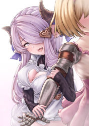 Rule 34 | 2girls, apron, arm grab, black sweater, blonde hair, blue eyes, blush, braid, breasts, cleavage, cleavage cutout, clothing cutout, djeeta (granblue fantasy), draph, dress, gauntlets, gradient background, granblue fantasy, hair over one eye, hairband, highres, horns, large breasts, light purple hair, long hair, low tied hair, multiple girls, narmaya (granblue fantasy), narmaya (valentine) (granblue fantasy), official alternate costume, pink background, pink dress, pointy ears, purple hair, short hair, single braid, solo focus, sweater, teriton, white background
