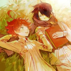 Rule 34 | 1boy, 1girl, ahoge, all 275927, black hair, book, brown scarf, chinese commentary, commentary request, emma (yakusoku no neverland), closed eyes, grass, highres, holding, holding book, holding hands, looking at another, lying, on back, open mouth, orange hair, outdoors, ray (yakusoku no neverland), scarf, yakusoku no neverland